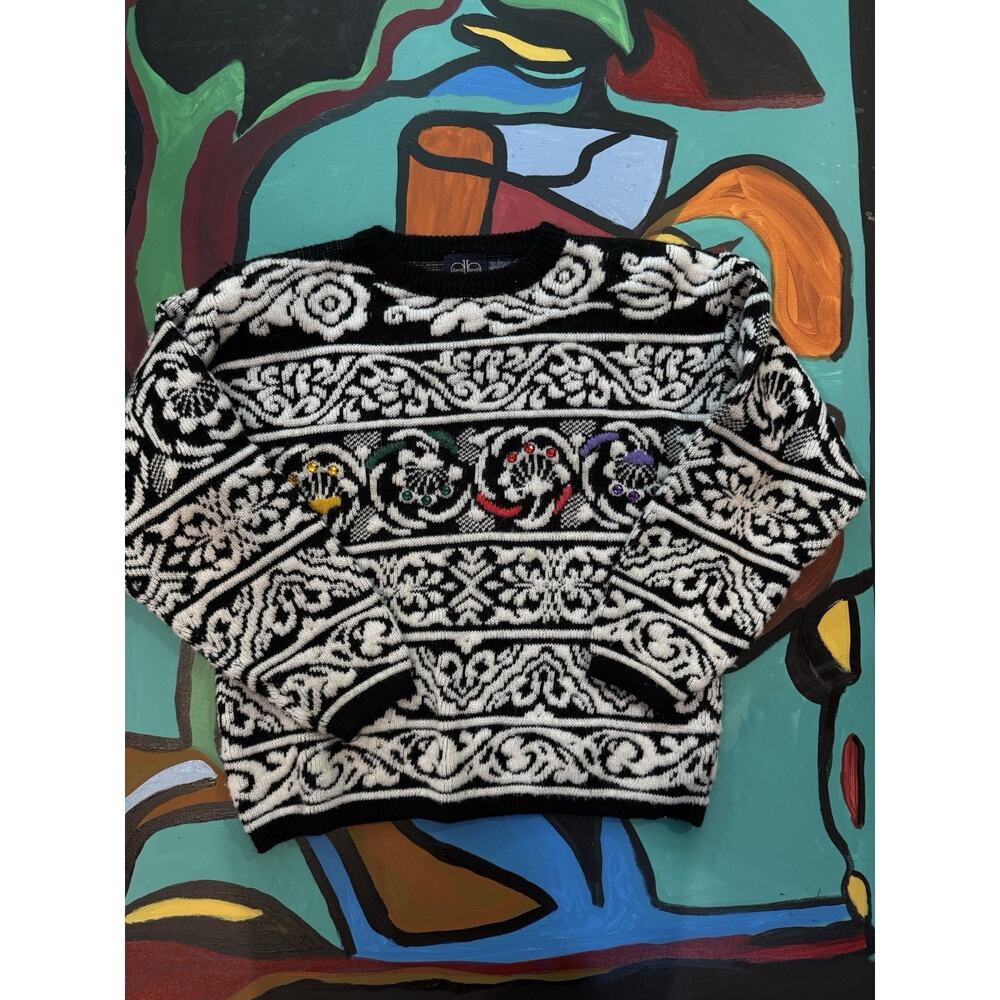 Vintage 80s David Brett Unique Sweater Beaded Detail Geometric Paisley Fairy L
